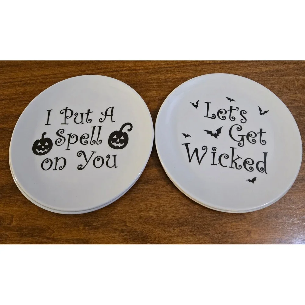 Halloween Melamine Plate Set 8pc Black White Spooky Graphics Witch Haunted House